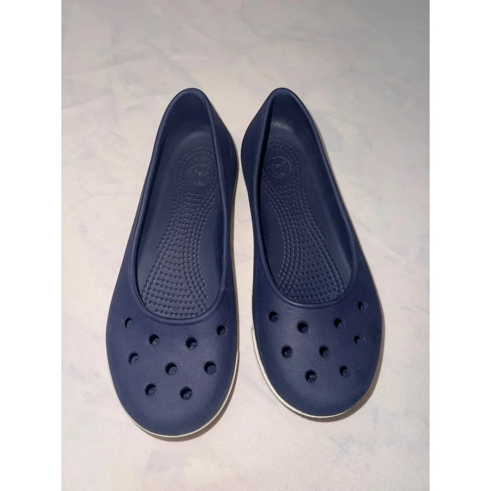 CROCS Airy Womens 7 Navy Blue White Slip On Waterproof Ballet Flats Bin 1